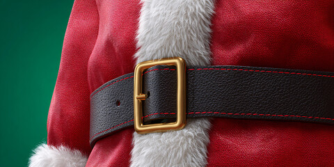 Closeup of Santa Claus Suit with Black Leather Belt and Golden Buckle on Christmas Eve, showcasing festive holiday attire
