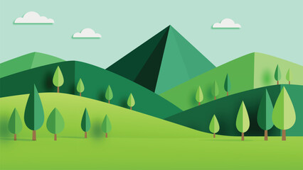 Obraz premium A minimalist landscape with layered green mountains and scattered trees