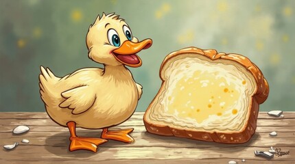 Cute Cartoon Duckling Facing Toasted Bread in Warm Kitchen Scene