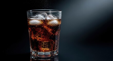 Glass of dark carbonated drink with ice cubes against black background.