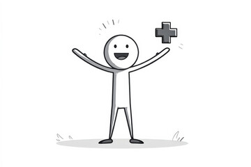 Happy stick figure character celebrating with a plus sign in a minimalist illustration style