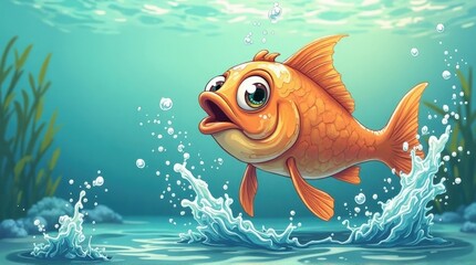 Colorful Cartoon Goldfish Jumping in Water Underwater Scene