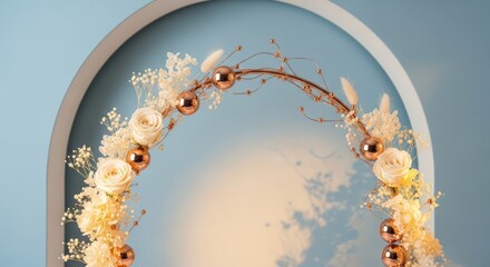 Floral arch decoration with white roses and copper ornaments against blue.