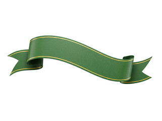 Green ribbon banner isolated PNG on transparent background, decorative element with gold trim for graphic design and festive projects