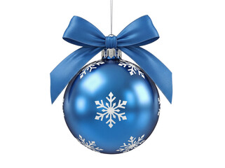 Blue Christmas ball with snowflakes and ribbon isolated PNG, festive holiday ornament for winter season decoration