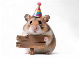 Obraz premium Adorable hamster wearing a festive birthday hat holds a blank wooden sign, perfect for party invitations and cheerful greetings, so cute and fun!