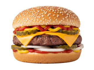 Delicious cheeseburger with sesame bun isolated on transparent PNG, classic American fast food with beef patty and toppings for restaurant menu