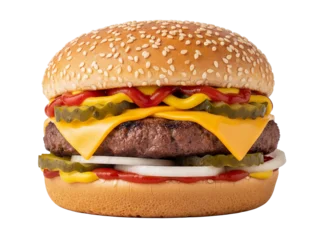 Acrylglasbilder Restaurant Delicious cheeseburger with sesame bun isolated on transparent PNG, classic American fast food with beef patty and toppings for restaurant menu  © Lily
