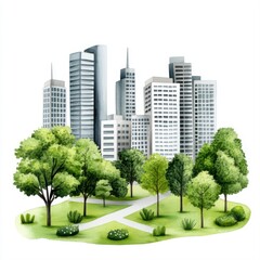Obraz premium Urban Landscape with Modern Skyscrapers Surrounded by Lush Green Trees