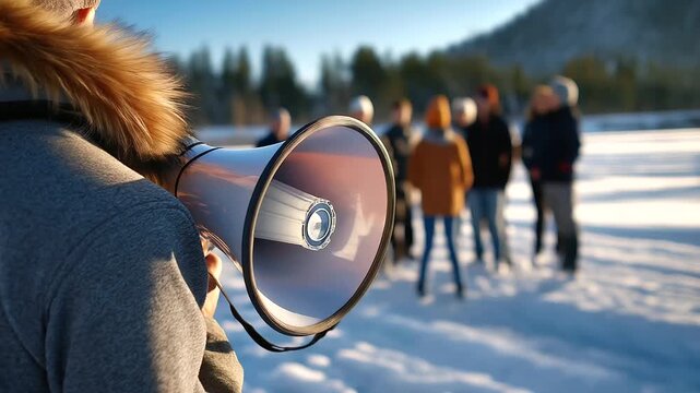 Back-view faceless group on a snowy open field, spotlight creating soft bokeh, megaphone catching a rim of light, winter sports preparation vibe, with copy space