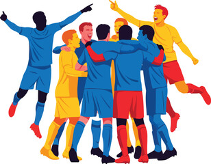 Dynamic vector of winning soccer team celebrating victory with team spirit and vibrant energy