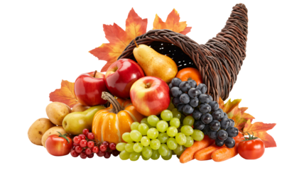 Abundant harvest cornucopia overflowing with autumn's bounty, a symbol of Thanksgiving and seasonal celebration, ripe fruits and vegetables, fall colors