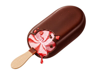 Chocolate covered strawberry ice cream bar isolated PNG, frozen dessert on a stick with a bite taken out on transparent background