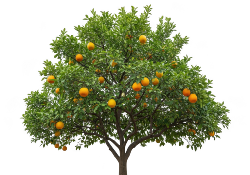 Orange tree with ripe fruit and green leaves isolated on a transparent background