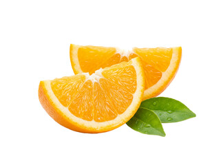 Two orange slices with leaves isolated PNG on transparent background, fresh citrus fruit wedges for healthy eating and vitamin C