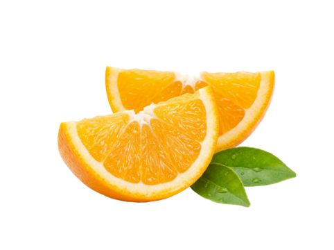 Two orange slices with leaves isolated PNG on transparent background, fresh citrus fruit wedges for healthy eating and vitamin C