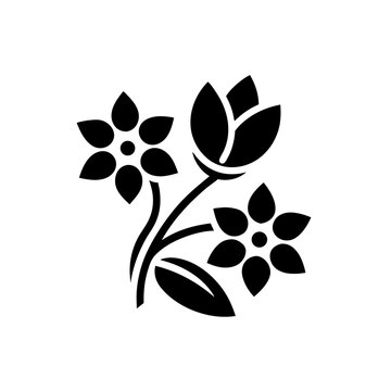 Illustration of three flowers with stems and a leaf on transparent background silhouette
