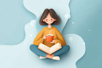 Young woman enjoying a cozy moment reading a book while sipping tea in a serene environment
