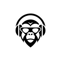 Stylized monkey wearing headphones and sunglasses on transparent background silhouette