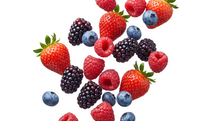 Fresh mixed berries isolated PNG, including strawberries, raspberries, blueberries, and blackberries on transparent background, healthy eating concept