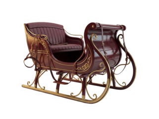 Elegant maroon and gold sleigh isolated PNG, vintage Christmas vehicle for holiday decor and festive design projects on transparent background