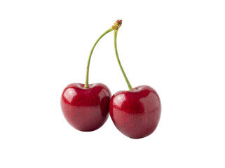 Two ripe red cherries isolated PNG on transparent background, fresh summer fruit for healthy eating and dessert design