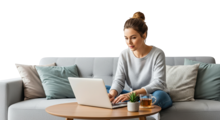 Detailed illustration highlighting woman, laptop, home for marketing, advertising, and creative project applications for modern branding and lifestyle representation