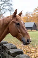 Fototapeta premium A Beautiful Haflinger Horse with a Golden Chestnut Coat Stands Gracefully Against a Weathered Wall