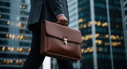 A businessman in a suit walks with a leather briefcase in front of a modern office building with blurred lights