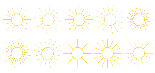 Set of yellow sun icons. Sun sign simple outline image collection. Clip art, vector elements