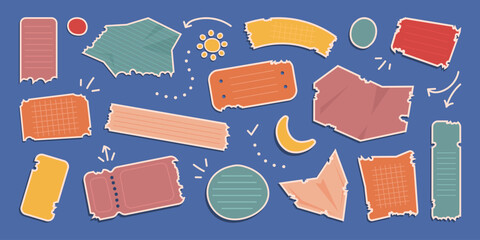 Set of torn paper sticker shapes in various colors and textures for scrapbook designs, planners, school projects, digital collages, and creative note-taking layouts. Ripped notes, ticket-style pieces.