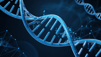 A 3D render of a DNA helix strand like an abstract roller coaster against a blue sky background for science research and biology illustration