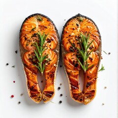 Two pan-seared salmon fillets, topped with fresh rosemary sprigs and seasonings, displayed on a white background