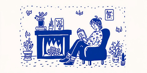 Middle-aged person reading a book in a cozy living room with plants and a fireplace illustration