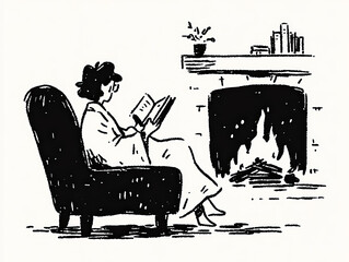 Woman reading a book while sitting comfortably in a cozy chair by the fireplace with warm ambiance