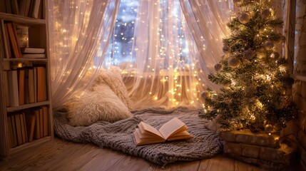 Cozy winter reading nook with soft blankets and a glowing Christmas tree illuminated by warm fairy lights beside a window adorned with shimmering curtains.