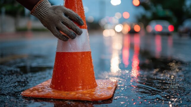 Traffic Cone Wet Road Gloved worker focused and cautious, close-up night rain with shallow depth of field, city maintenance image for safety, roadwork, hazard - Powered by Adobe