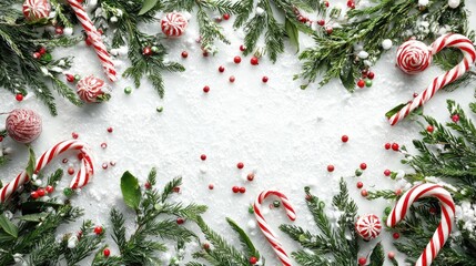 Festive Holiday Arrangement with Candy Canes, Red and White Ornaments, and Greenery on a Bright Surface for Christmas Celebrations and Seasonal Joy