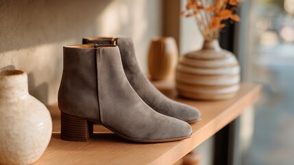 Ankle boots, calm minimalist retail display – gray suede pair on wooden shelf in warm natural light, clean product styling for fashion ecommerce catalogs and boutique