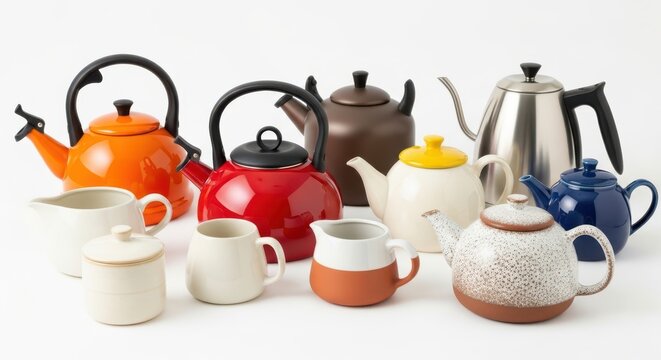 A collection of diverse teapots and creamers in various colors and styles, arranged on a plain background for a clean presentation