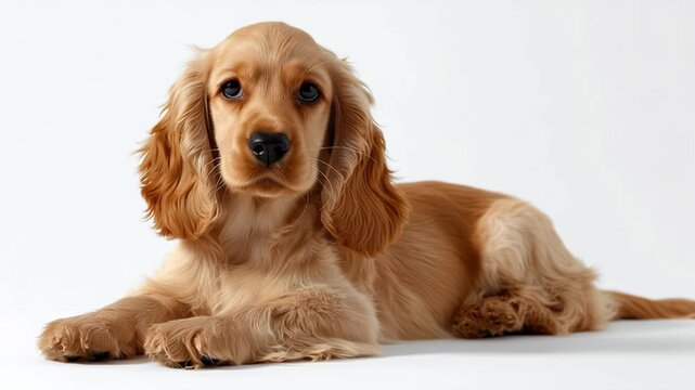Cuddly golden cocker spaniel puppy lounging comfortably indoors in a bright setting