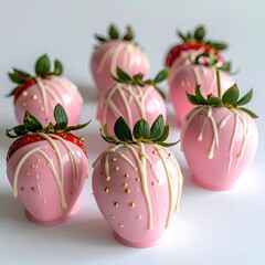 Pink chocolate-covered strawberries, drizzled with white chocolate, and gold sprinkles