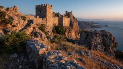 Weathered stone fortress wall and crenellated parapets perched atop a windswept coast