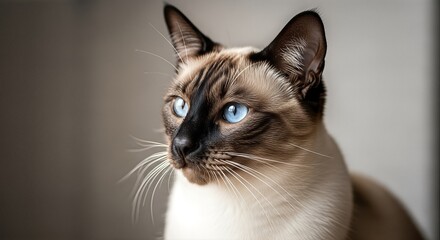 Close-up portrait of a beautiful Siamese cat with striking blue eyes.