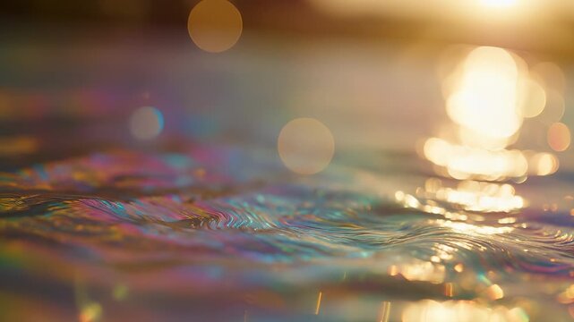 Soft waves gently ripple across the colorful water surface as sunlight dances and reflects vibrant hues. The shimmering water creates a serene atmosphere filled with light and colo