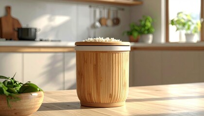Light-filled kitchen scene, a bamboo canister filled with rice sits on a wooden table