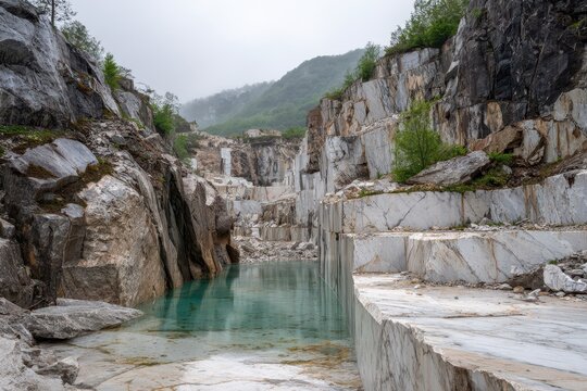 White marble walls, veining, and water in a dramatic quarry landscape