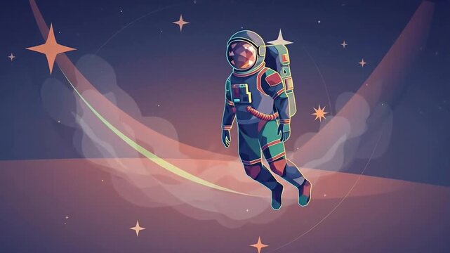 Animated sequence of an astronaut floating through outer space surrounded by stars and cosmic dust