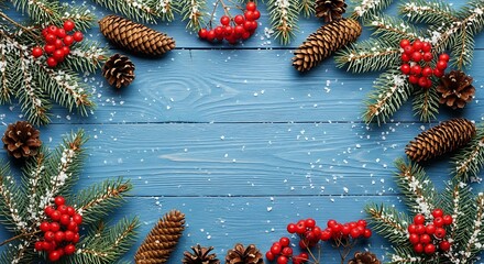 Top-down view of Christmas decor with evergreen border, snowy berries, and rustic deep blue wood planks