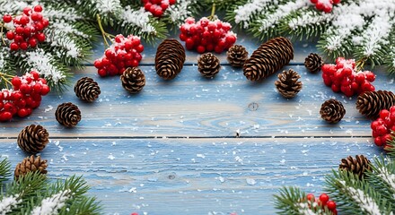 Natural holiday background with an evergreen border of cones and red accents on blue weathered wood